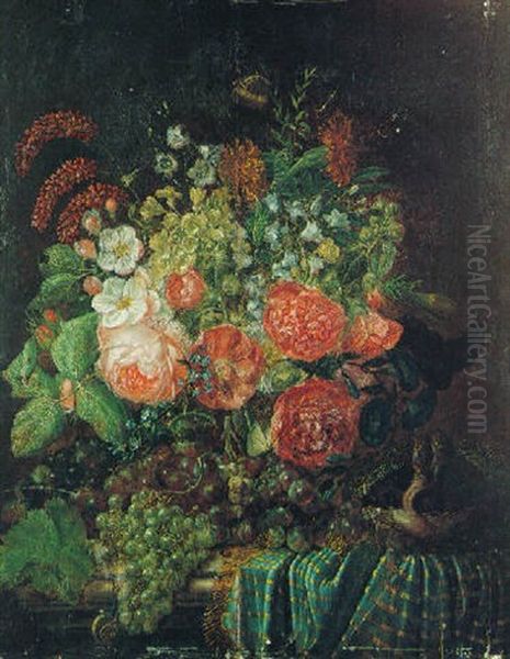 Nature Morte Au Bouquet De Fleurs, Raisins Et Nid D'oiseau Sur Un Entablement Oil Painting by Johannes Hendrik Fredriks