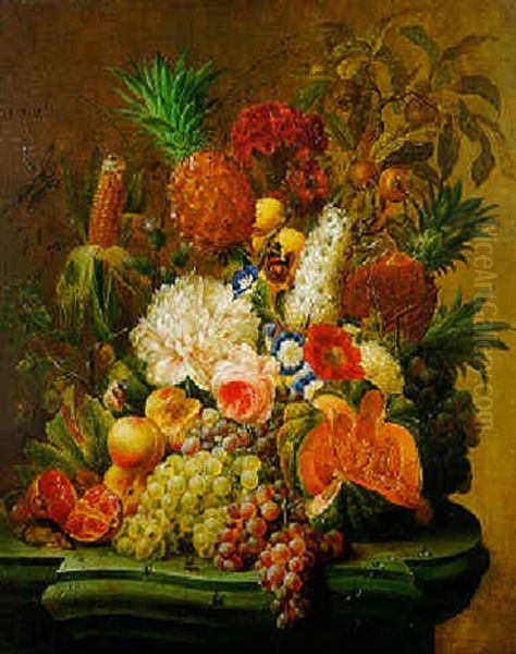 Nature Morte De Fleurs Et De Fruits Sur Un Entablement De Marbre Oil Painting by Johannes Hendrik Fredriks