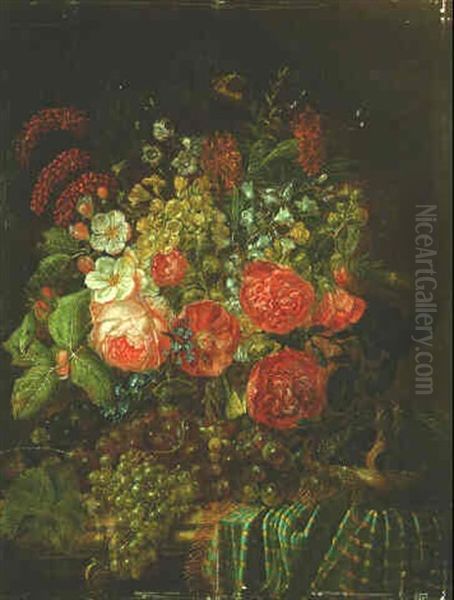 Nature Morte Au Bouquet De Fleurs, Raisins Et Nid D'oiseau Sur Un Entablement Oil Painting by Johannes Hendrik Fredriks