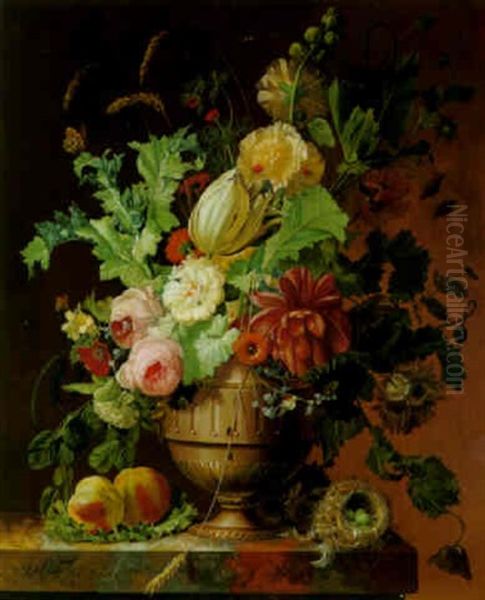 Roses, Tulip, A Peony And Other Flowers On A Marble Pedestal by Johannes Hendrik Fredriks