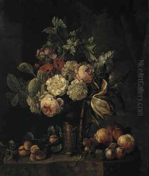 Still Life Of Roses, A Tulip, Marigolds And Lilac In A Gilt Beaker With Peaches, Plums And Apricots On A Marble Ledge Oil Painting by Johannes Hendrik Fredriks