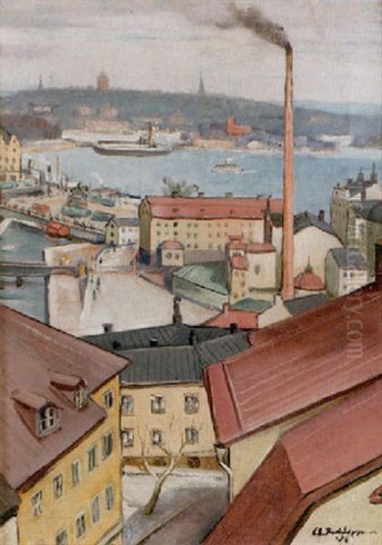 Hustak I Stockholm - Vy Mot Slussen Oil Painting by Carl Einar (Figge) Fredriksson