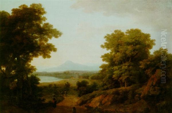 Italianate Landscape With A View Of A Lake Oil Painting by Robert Freebairn