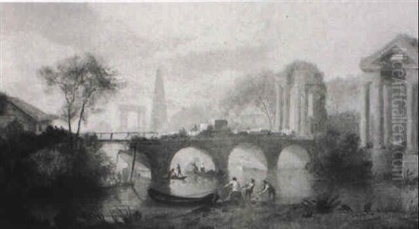 Figures Repairing A Bridge, Classical Style Ruins Beyond Oil Painting by Robert Freebairn