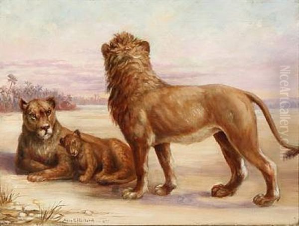 A Lion Family On The Savannah Oil Painting by Anna Freeland