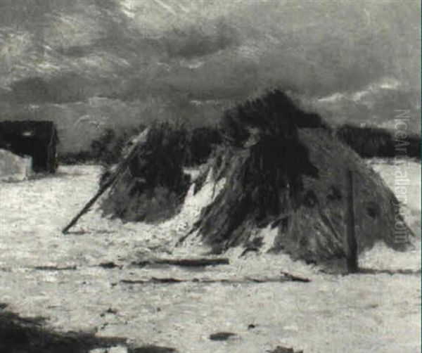 Haystacks In Winter Oil Painting by Charles H. Freeman