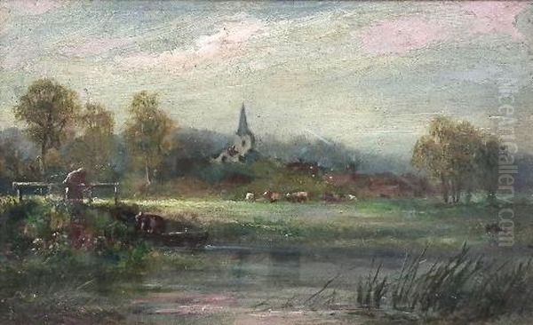 Rural Landscape Looking Towards A Church Oil Painting by James Aumonier