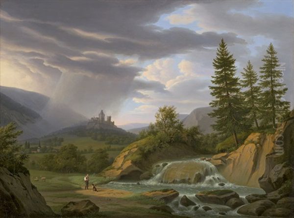 Gewitterstimmung Uber Einer Burg In Den Schweizer Alpen Oil Painting by Frederic Fregevize