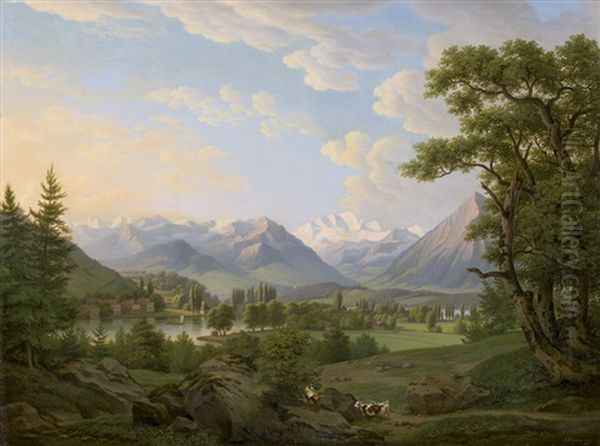 Schweizer Berglandschaft Mit Dorf An Einem Fluss Oil Painting by Frederic Fregevize