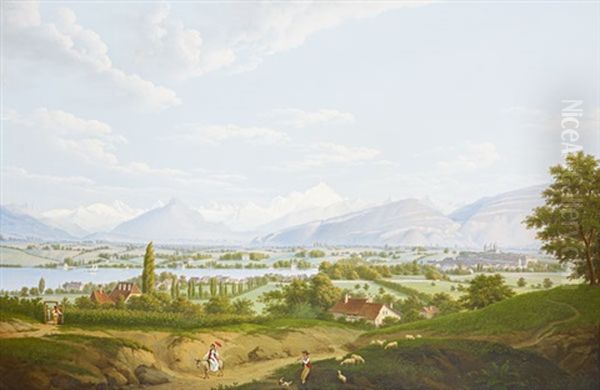 Geneve Et Le Mont-blanc, Vue Depuis Pregny Oil Painting by Frederic Fregevize