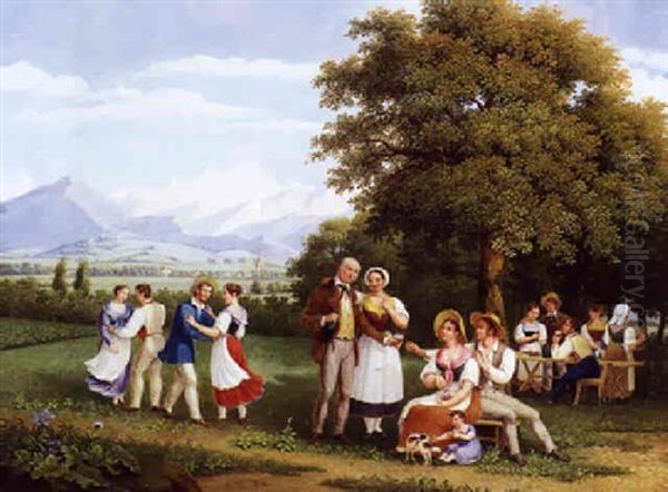 Fest Auf Dem Lande Bei Genf Mit Blick Auf Den Mont Blanc Oil Painting by Frederic Fregevize