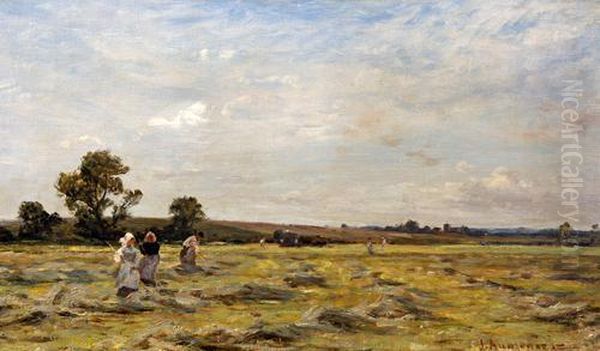 Haymaking In A Landscape Oil Painting by James Aumonier