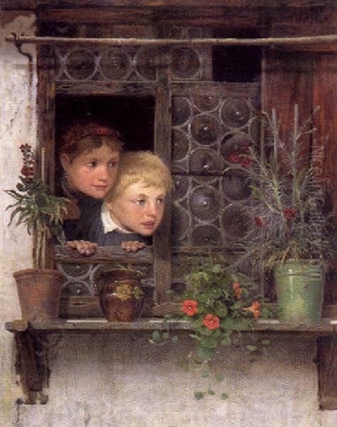 Zwei Kinder Am Fenster Des Alten Bauernhauses Mit Blumentopfen Auf Dem Sims Oil Painting by Ernst Freiesleben