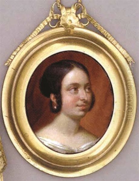 Queen Victoria In White Dress, Drop Pearl Earring, Her Centre-parted Brown Hair Dressed In Plaits And Tied In A Bun Oil Painting by Jacques-Noel-Marie Fremy