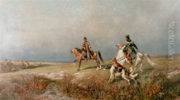 Stapplandskap Med Ryttare Och Vinthundar Oil Painting by Rudolf Frentz the Elder