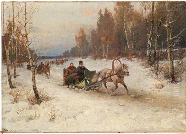 Sleigh Ride In Winter Oil Painting by Rudolf Feodorovich Frentz