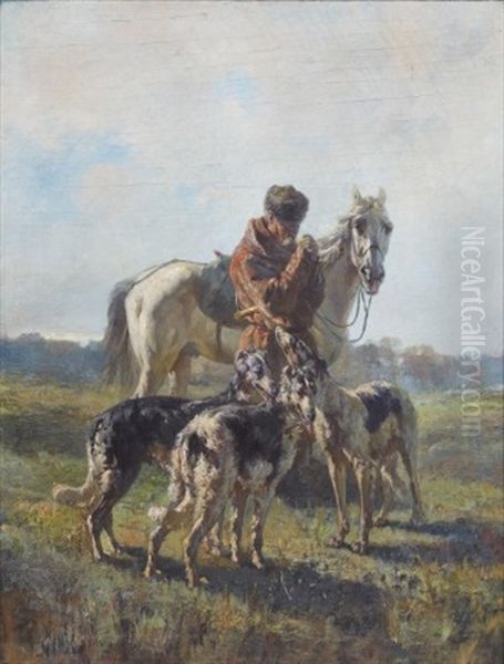 Dismounted Hunter With Dogs Oil Painting by Rudolf Feodorovich Frentz