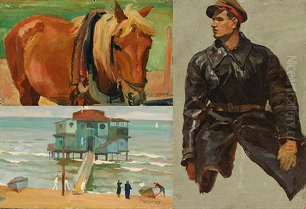 Beach Scene; Portrait Of A Young Man; Horse Oil Painting by Rudolf Feodorovich Frentz