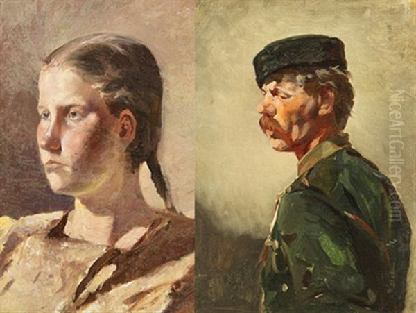 Portrait Of A Young Woman; Portrait Of A Man (pair) Oil Painting by Rudolf Feodorovich Frentz