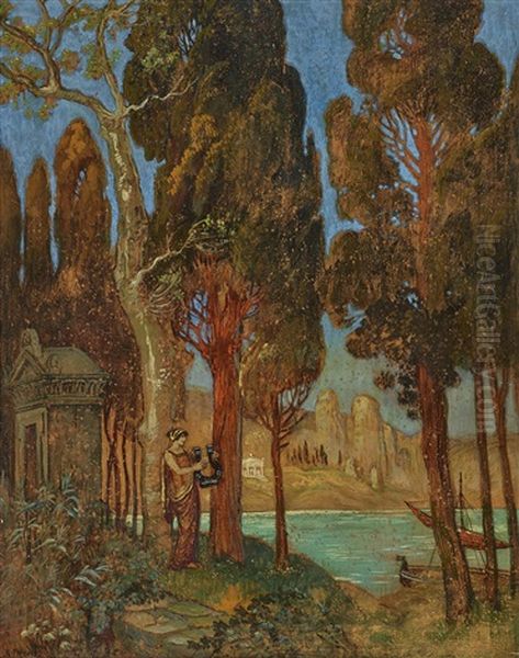 Arcadian Landscape With Woman Playing Lyre Oil Painting by Alexander Frenz