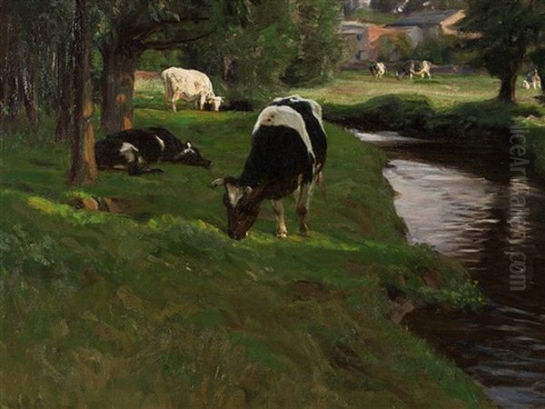 Grazing Cows Oil Painting by Oskar Frenzel