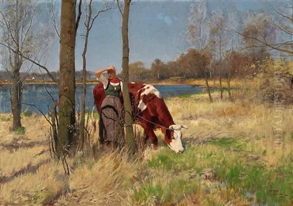 Madchen Mit Kuh In Weiter Seenlandschaft Oil Painting by Oskar Frenzel