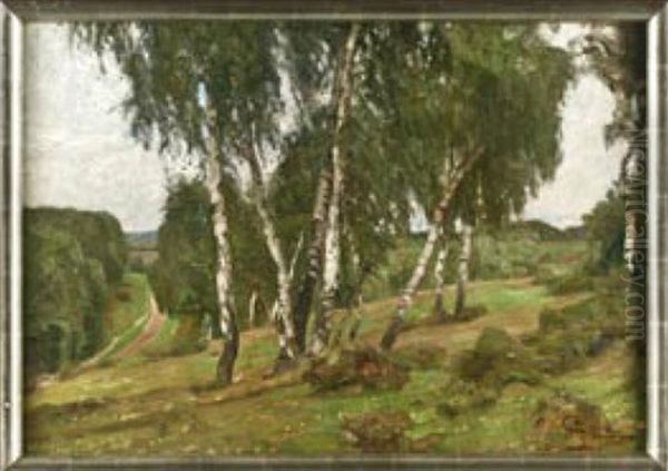 Birkengruppe In Landschaft Oil Painting by Oskar Frenzel