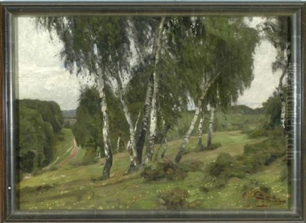 Birken An Einem Hang In Weiter Waldlandschaft Oil Painting by Oskar Frenzel