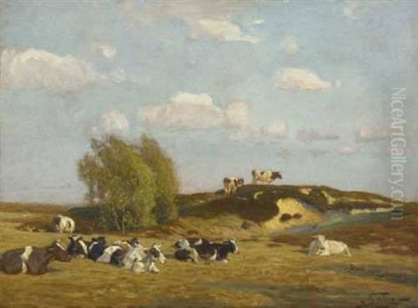 Ruhende Kuhe In Markischer Landschaft Oil Painting by Oskar Frenzel