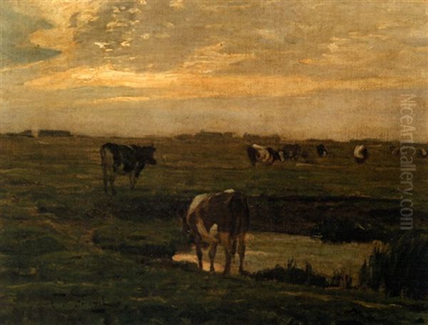 Cattle By A Pond At Sunset Oil Painting by Oskar Frenzel