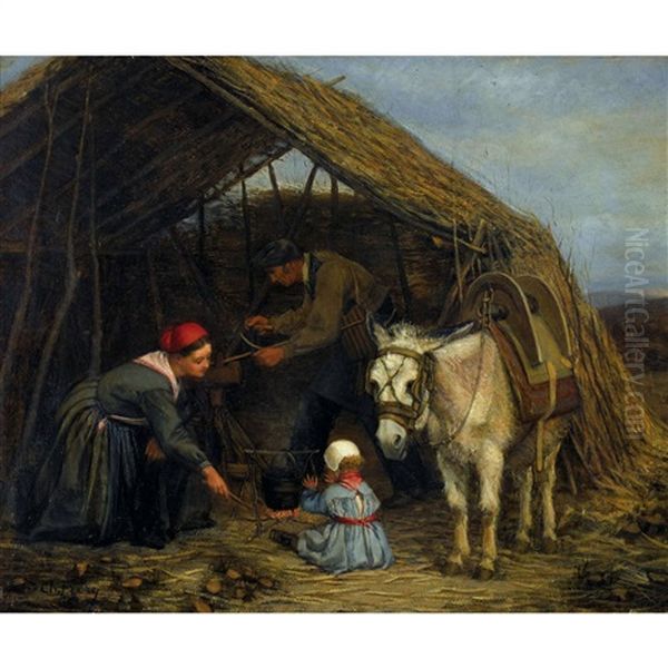 Familie In Einer Strohhutte Oil Painting by Charles Edouard Frere