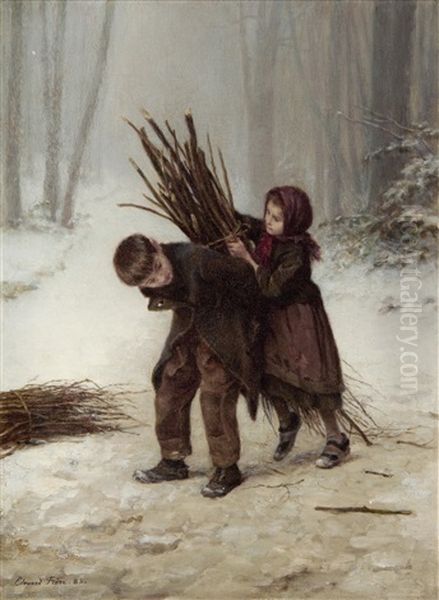 The Young Faggot Gatherers Oil Painting by Charles Edouard Frere