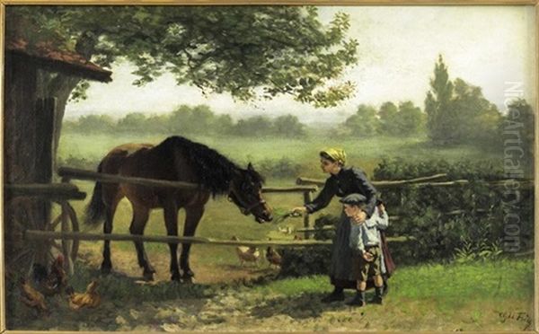 Young Girl Feeding A Horse Oil Painting by Charles Edouard Frere