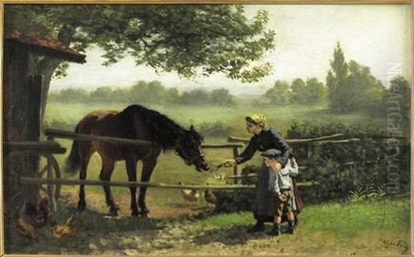 Young Girl Feeding A Horse Oil Painting by Charles Edouard Frere