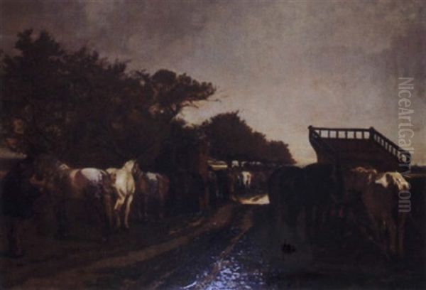 Le Marche Aux Chevaux Dans Le Pays D'auge Oil Painting by Charles Edouard Frere