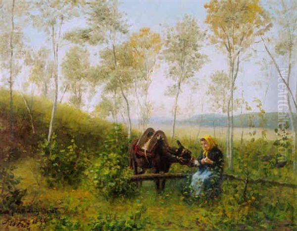 A Woman And Her Mule In A Wooded Landscape Oil Painting by Charles Edouard Frere