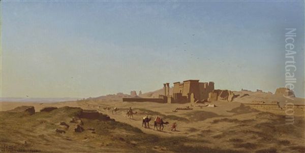 Camel Caravans In Thebes Oil Painting by Charles Theodore (Frere Bey) Frere