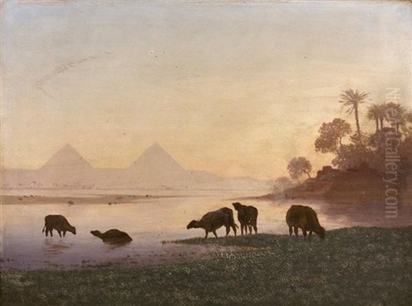 Vaches S'abreuvant Dans Le Nil Au Pied Des Pyramides Oil Painting by Charles Theodore (Frere Bey) Frere