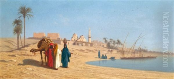 On The Banks Of The Nile Oil Painting by Charles Theodore (Frere Bey) Frere