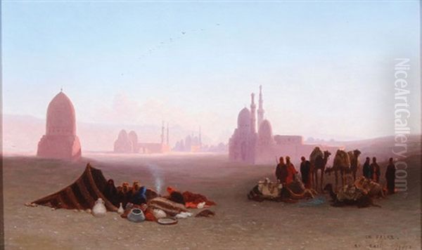 Cairo Desert Scene With Mosques Oil Painting by Charles Theodore (Frere Bey) Frere