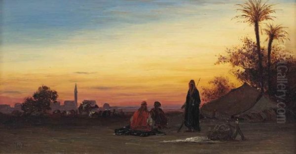 The Nomads' Encampment At Sunset Oil Painting by Charles Theodore (Frere Bey) Frere