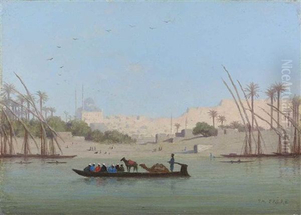 On The Nile, Mohamed Ali Citadel In The Background Oil Painting by Charles Theodore (Frere Bey) Frere