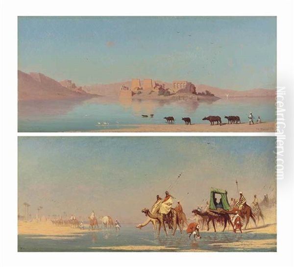 Caravane Traversant Un Fleuve (haute Egypte); And Vue De Ile De Philoe-nubia (cote Sud Ouest) (pair) Oil Painting by Charles Theodore (Frere Bey) Frere