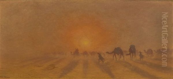 Camel Train At Dusk Oil Painting by Charles Theodore (Frere Bey) Frere