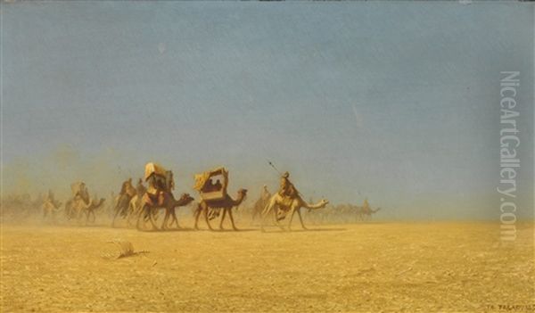 Camel Train In The Desert Oil Painting by Charles Theodore (Frere Bey) Frere