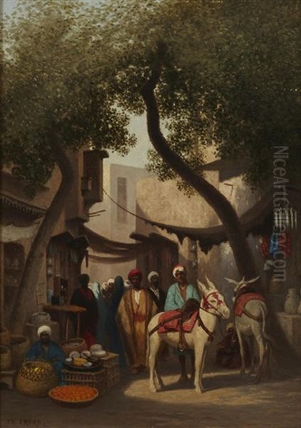 An Arab Market Oil Painting by Charles Theodore (Frere Bey) Frere