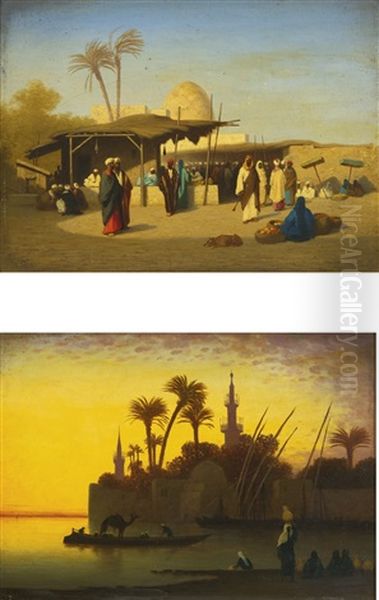 The Market Place And Along The Nile: A Pair Oil Painting by Charles Theodore (Frere Bey) Frere