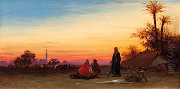 Bedouin Camp, Afterglow Oil Painting by Charles Theodore (Frere Bey) Frere