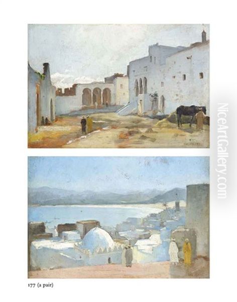 Arabs In A North African Coastal Town (+ Arabs In A Quiet Square; Pair) Oil Painting by Charles Theodore (Frere Bey) Frere