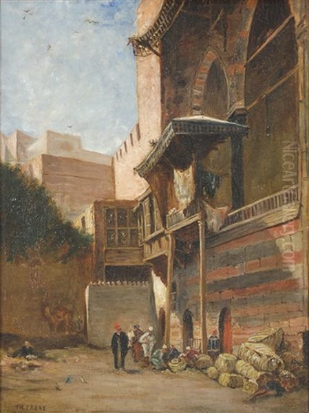 An Early Morning Courtyard With Merchants To One Side And A Woman Washing Clothes On The Other Oil Painting by Charles Theodore (Frere Bey) Frere